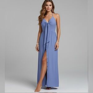 Boho Blue Knot Front Tie Back Maxi Halter Dress